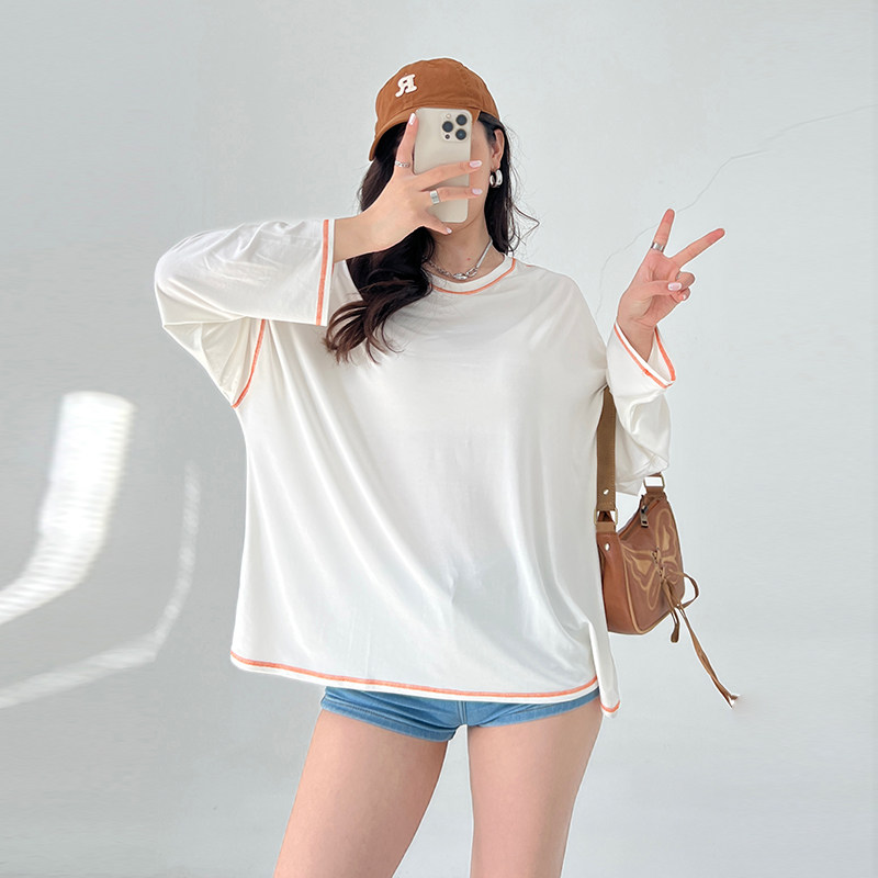 莫代尔长袖t恤女夏季薄款宽松显瘦大码慵懒风简约防晒上衣打底衫