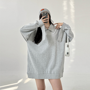 大码卫衣女春秋中长款胖mm宽松显瘦Polo领上衣oversize翻领外套