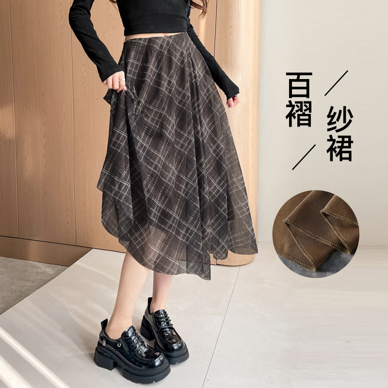 咖色不规则格子A字半身裙女高腰半身裙