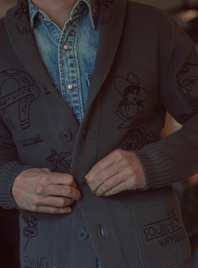 MT.Robson限定刺绣款开衫 重磅青果领棉夹克毛衣美式复古德国机织