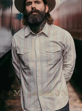 MT.Robson【复古机织7盎司】玫红靛蓝重磅提花长袖男美式工装衬衫