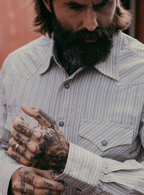 MT.Robson【复古织机 春秋薄款】靛蓝重磅提花长袖男士工装衬衫