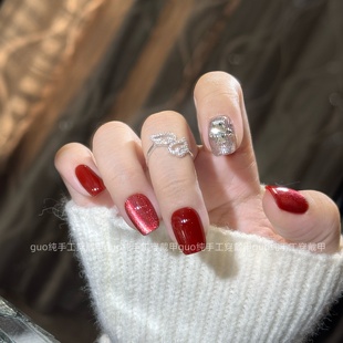 Guo穿戴甲茶语玫瑰纯手工高级气质短款 红色系猫眼美甲可重复使用