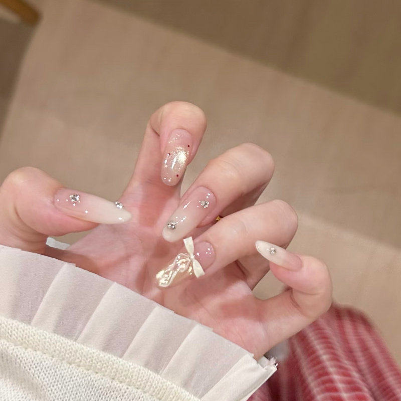 【奶油蝴蝶结】可爱甜美腮白爆闪微笑猫眼立体蝴蝶结手工穿戴美甲