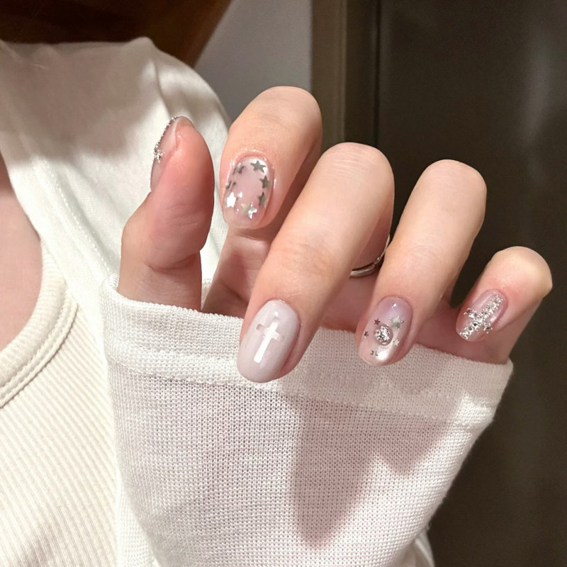 【星尘十字】甜酷风粉透猫眼银钻十字星冰透清新纯欲风手工穿戴甲,彩妆/香水/美妆工具,穿戴甲/甲片,淘宝优惠券,粉丝福利购,淘宝优惠卷