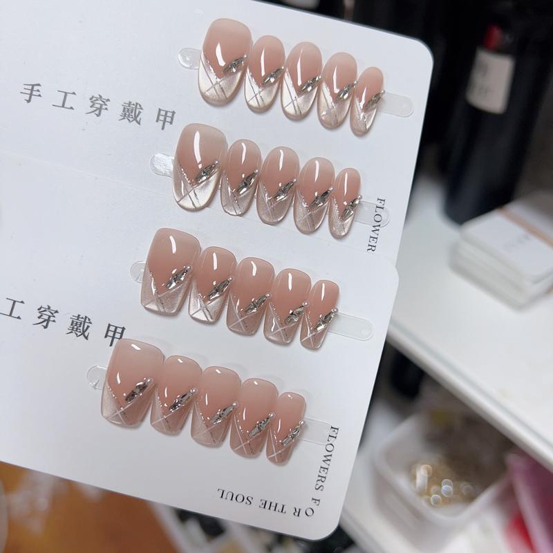月下芭蕾V法式拼钻猫眼美甲高级感百搭显白纯手工穿戴甲