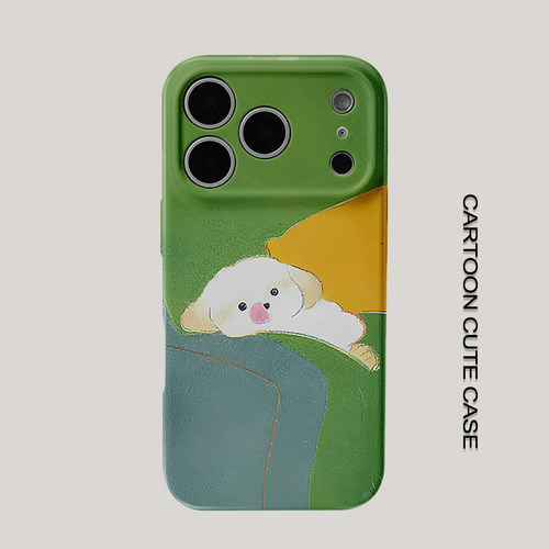 适用于iPhone17pro手机壳菲林壳牛油果绿底色沙发抱枕慵懒探头小白狗华为mate80promax苹果15/16/13磨砂软壳