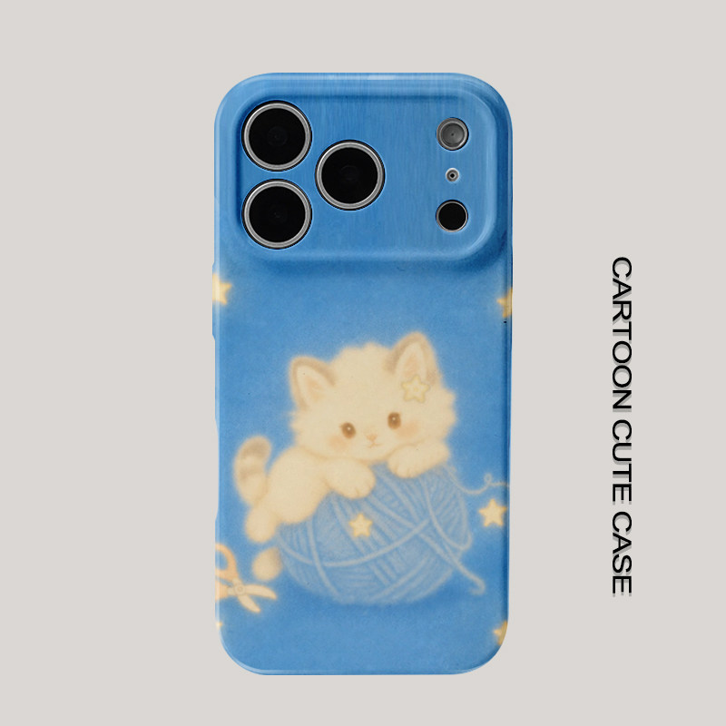 适用于iPhone17pro治愈系奶猫手机壳克莱因蓝底色毛线球小星星华为mate80promax苹果15/16/13磨砂软壳16pro