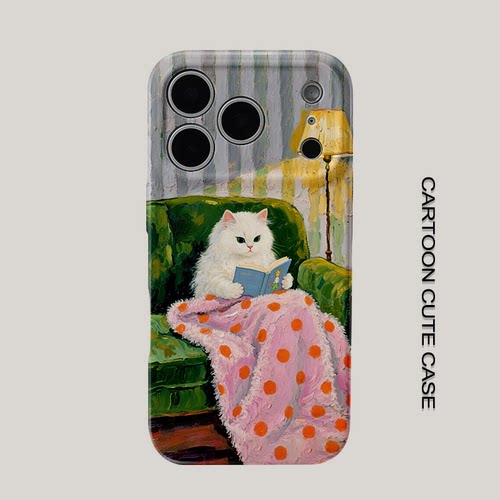 卡通猫咪看书手机壳苹果iPhone17菲林硬壳小众设计手绘印花保护套适用华为mate80promax苹果15/15/13磨砂软壳