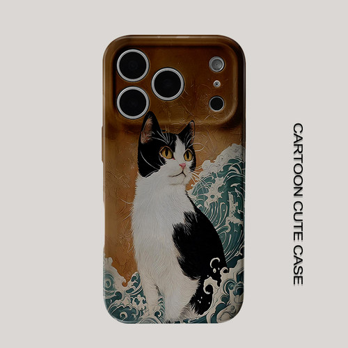 适用于iPhone17pro手机壳菲林壳复古棕日式浮世绘海浪黑白奶牛猫华为mate80promax苹果15/16/13磨砂软壳16pro