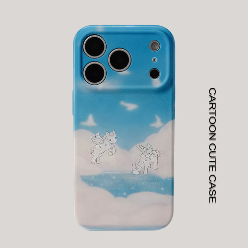 适用于iPhone17pro手机壳菲林壳手绘线条天使小马湖面云朵插画保护套华为mate80promax苹果15/16/13磨砂软壳
