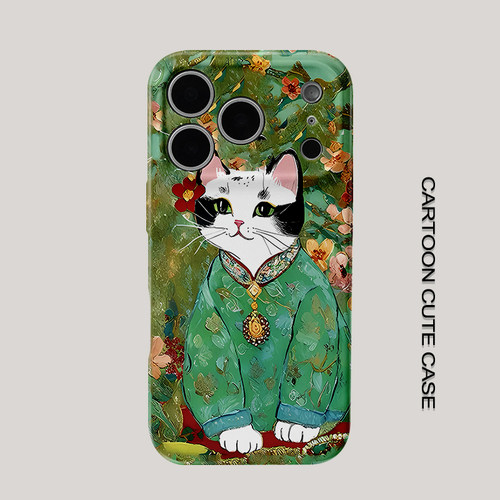 适用于iPhone17pro手机壳菲林壳新中式旗袍黑白猫咪碎花厚涂油画华为mate80promax苹果15/16/13磨砂软壳16pro