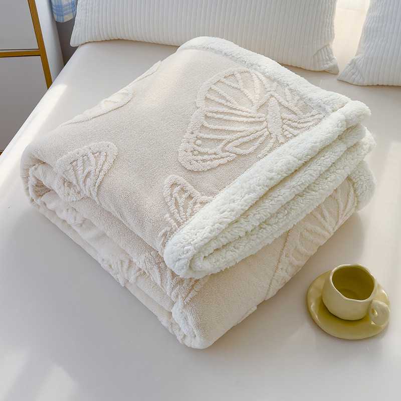 新款ab版塔芙绒羊羔绒毛毯纯色蝴蝶花提花多功能盖毯午睡毯子