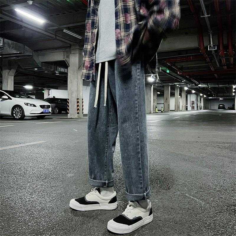 春秋款抽绳松紧腰宽松直筒牛仔裤男士垂感复古潮流时尚高街裤子