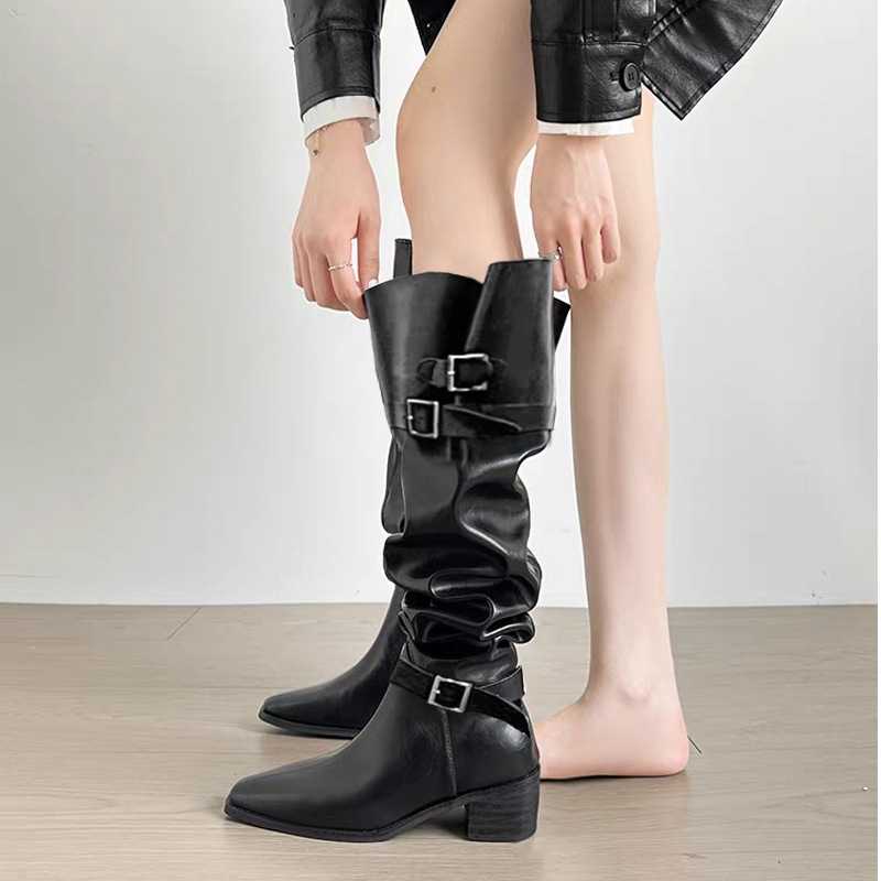 2025秋冬新款尖头皮带扣骑士靴粗跟高筒靴宽筒靴子堆堆靴女西部靴