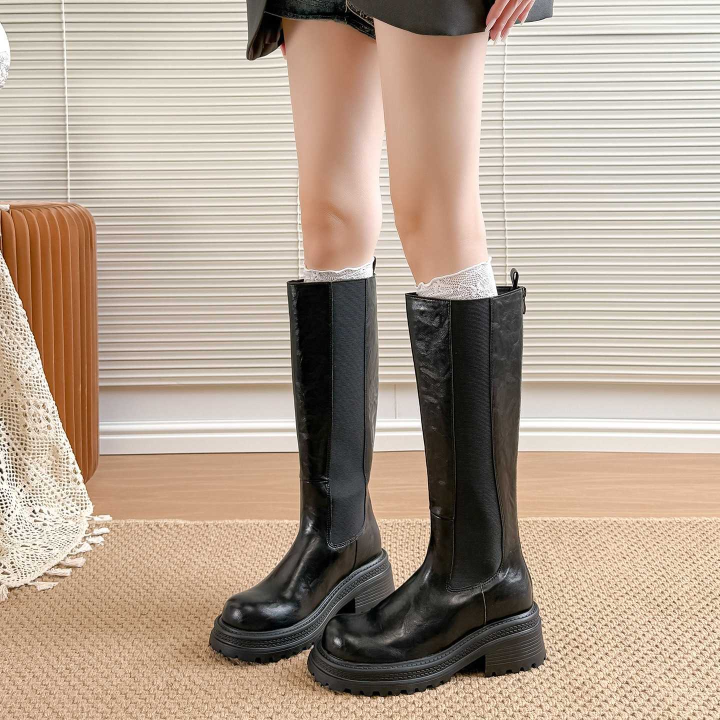 2025长筒靴女新款不过膝长靴百搭厚底烟筒骑士靴复古粗跟马丁靴子