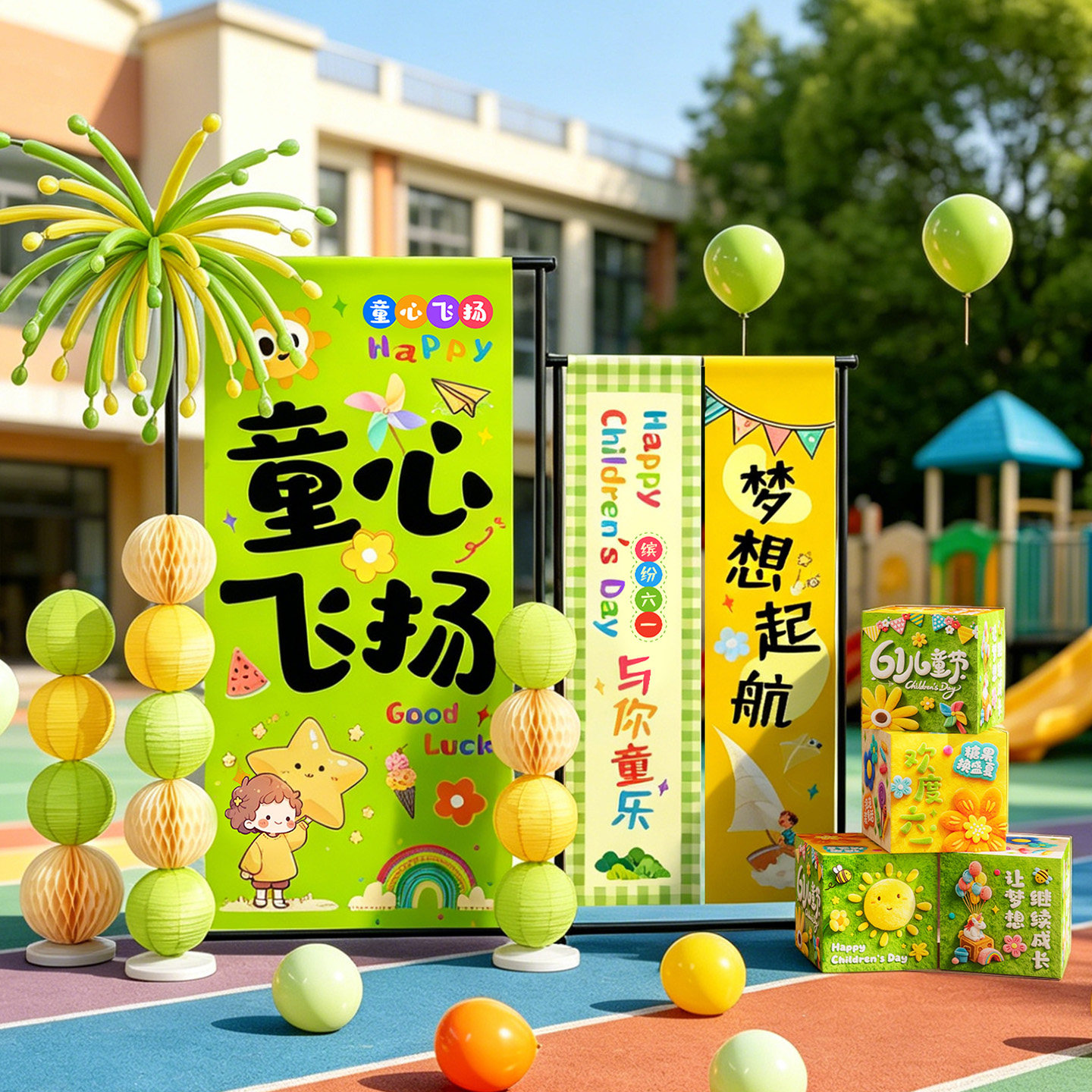 61儿童节快乐场景布置六一幼儿园教室内外装饰品挂布条幅立柱摆件