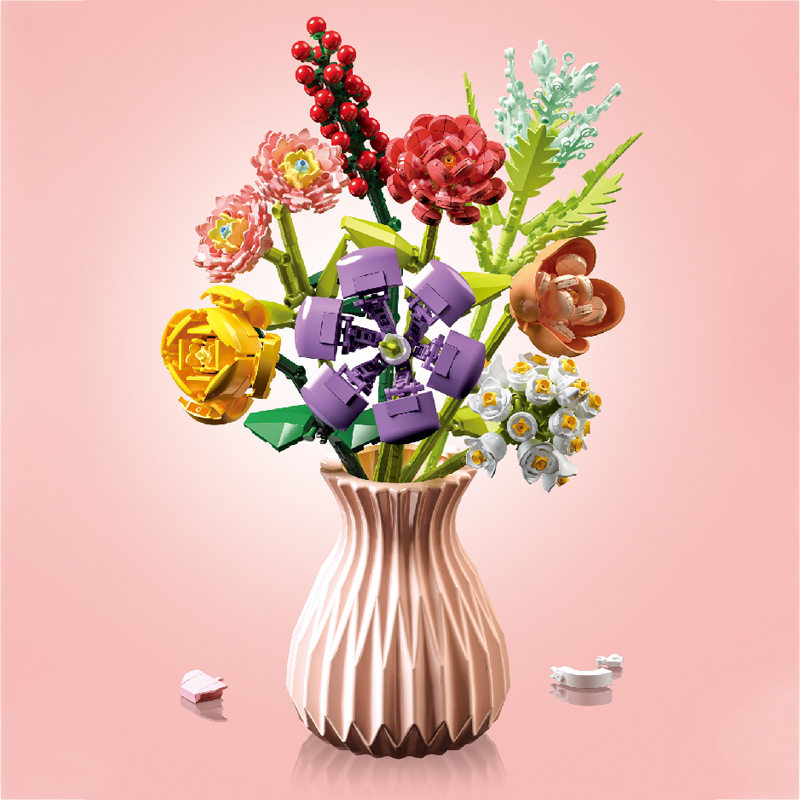儿童益智小颗粒拼插积木花仿真桂花牡丹樱花拼装积木花束模型摆件