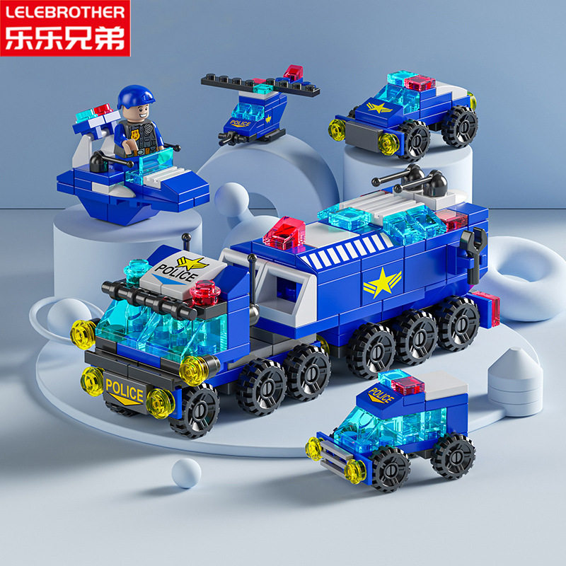 益智儿童亲子互动玩具男孩军事警车坦克六合一积木拼装创意礼物