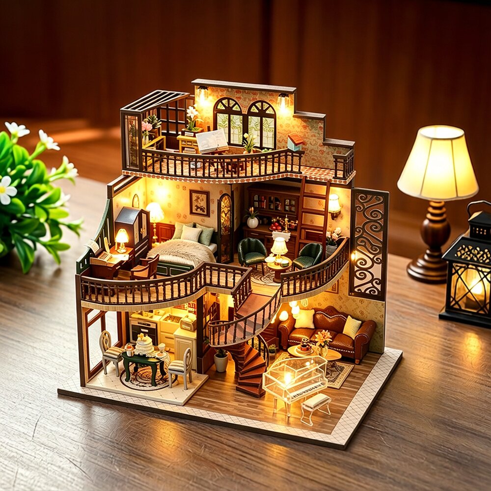 diy手工拼装木质阁楼小屋带灯微缩建筑模型场景创意摆件生日礼物
