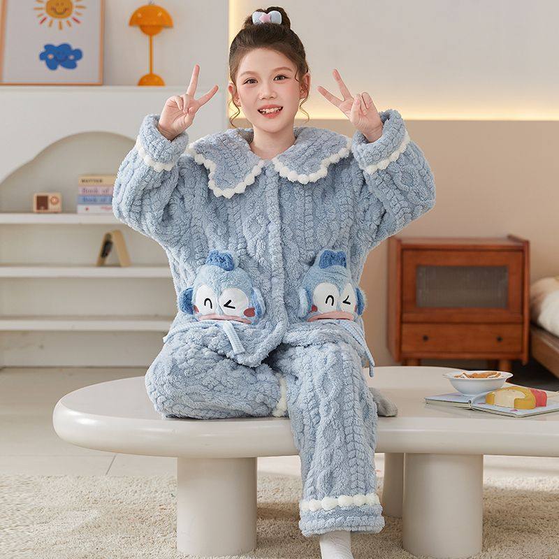 卡通珊瑚绒家居服女童2026新款秋冬加厚保暖娃娃领开衫睡衣套装