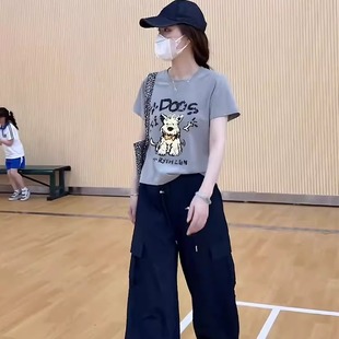 2025夏季 T恤 正肩小版 型上衣女韩系卡通做旧小狗字母印花圆领短袖