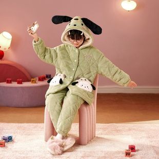 女童2026新款卡通小狗连帽夹棉家居服套装秋冬加厚三层可外穿睡衣