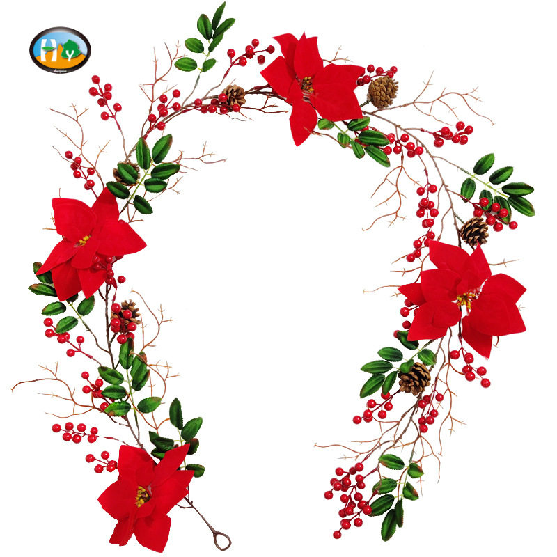 跨境货源人造圣诞花藤条 可设计款相思豆红果松果仿真圣诞藤条