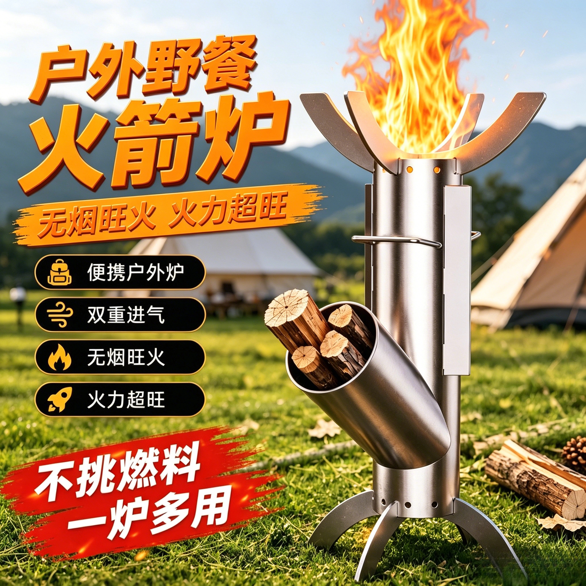户外火箭炉便携露营防风柴火炉无烟旺火野炊取暖多用炉双重进气图片