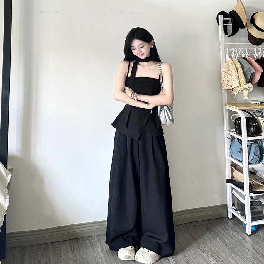 韩系百搭吊带上衣直筒长裤套装女