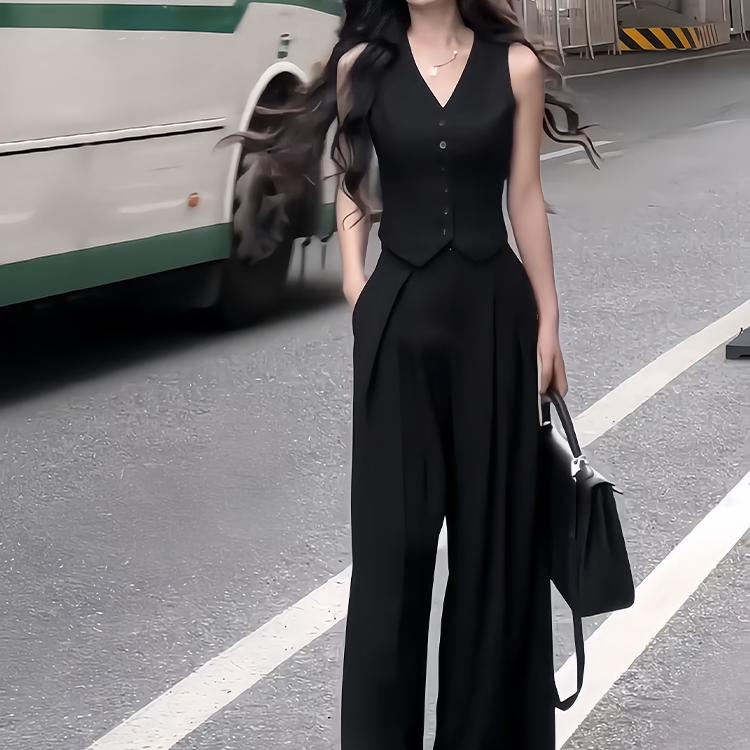 黑色西装马甲套装女2025夏季新款御姐炸街气质马夹阔腿裤两件套女