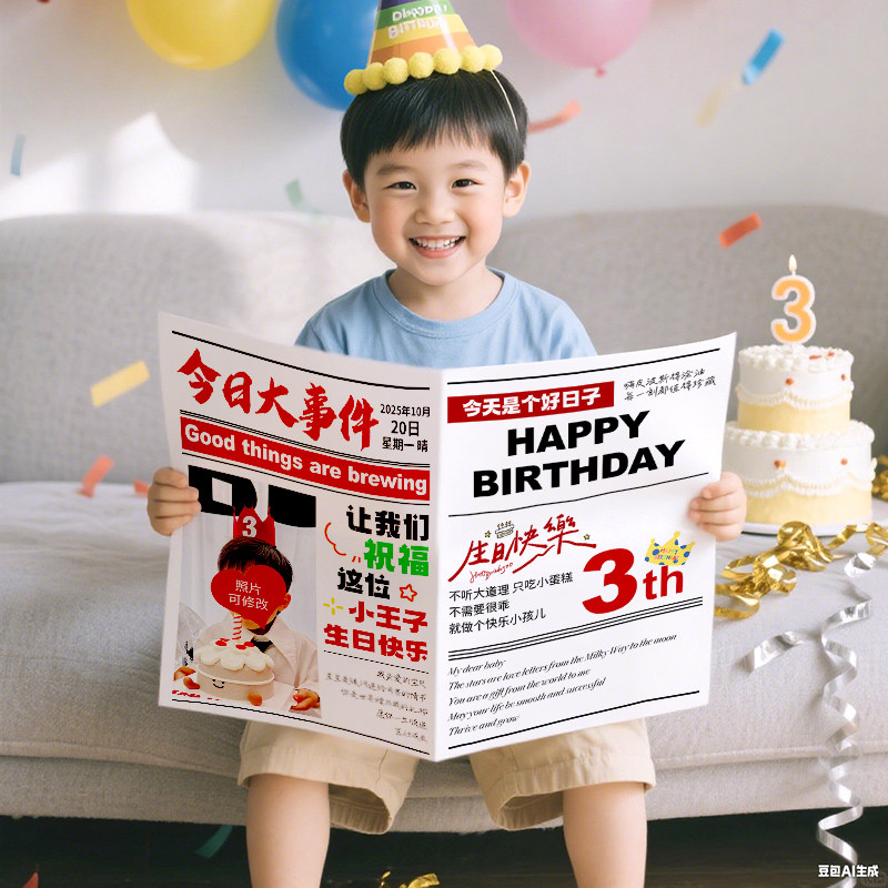 小红薯生日快乐报纸定制拍照道具杂志ins风氛围手拿拍照装饰场景