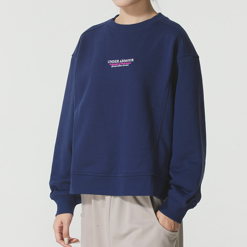 UA安德玛圆领卫衣女装春季新款宽松休闲运动服长袖套头衫女士上衣