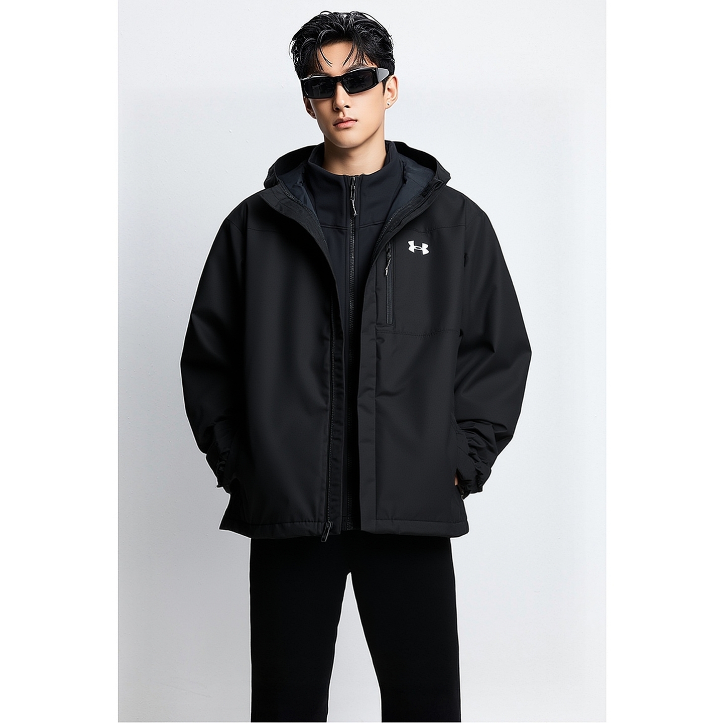 安德玛三合一冲锋上衣男外套秋冬季运动服户外黑色防风衣连帽夹克