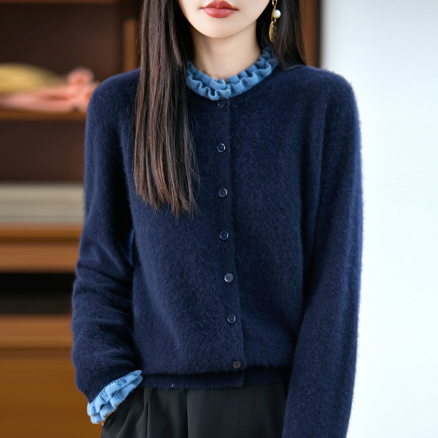 100纯羊毛衫微胖mm春秋特大码女士毛衣木耳边上衣内搭针织打底衫