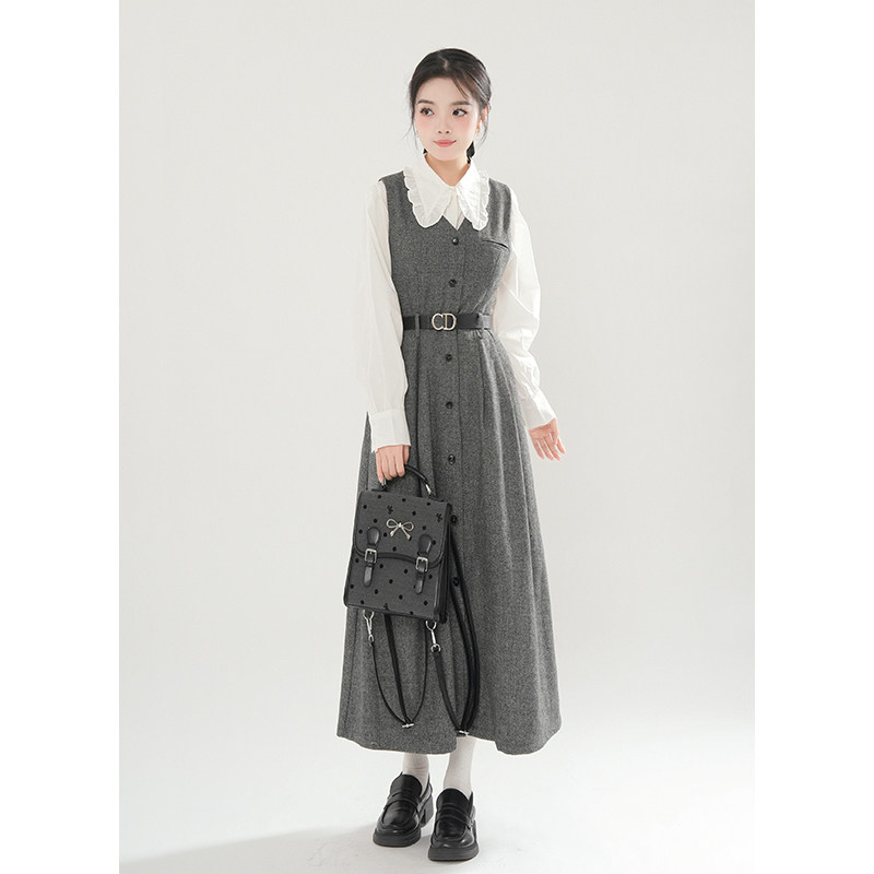 设计感尖领白色长袖衬衫/灰色西装背心裙法式新款气质显瘦两件套
