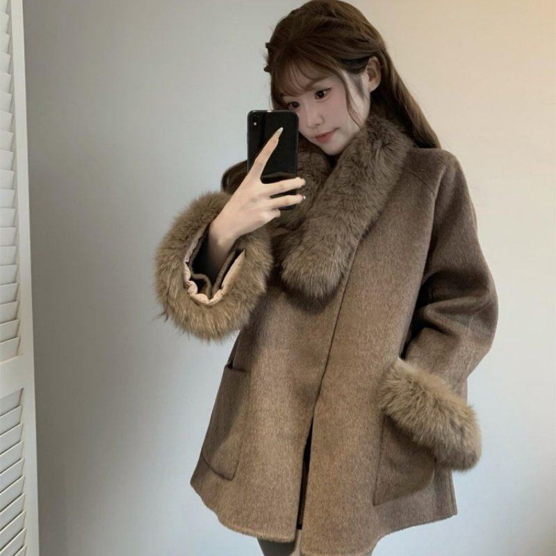 【焦糖剧场】2025新款双面呢外套女秋冬毛领呢子大衣中长款上衣潮