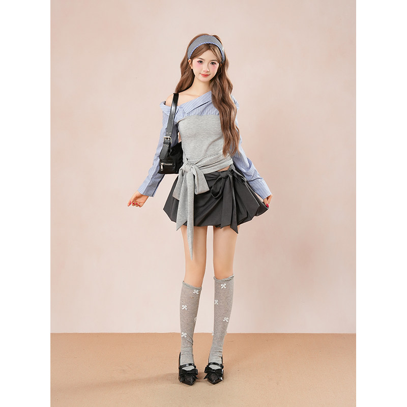 少女的轻盈 甜酷蝴蝶结绑带一字肩斜肩撞色衬衫+花苞裙裤套装女