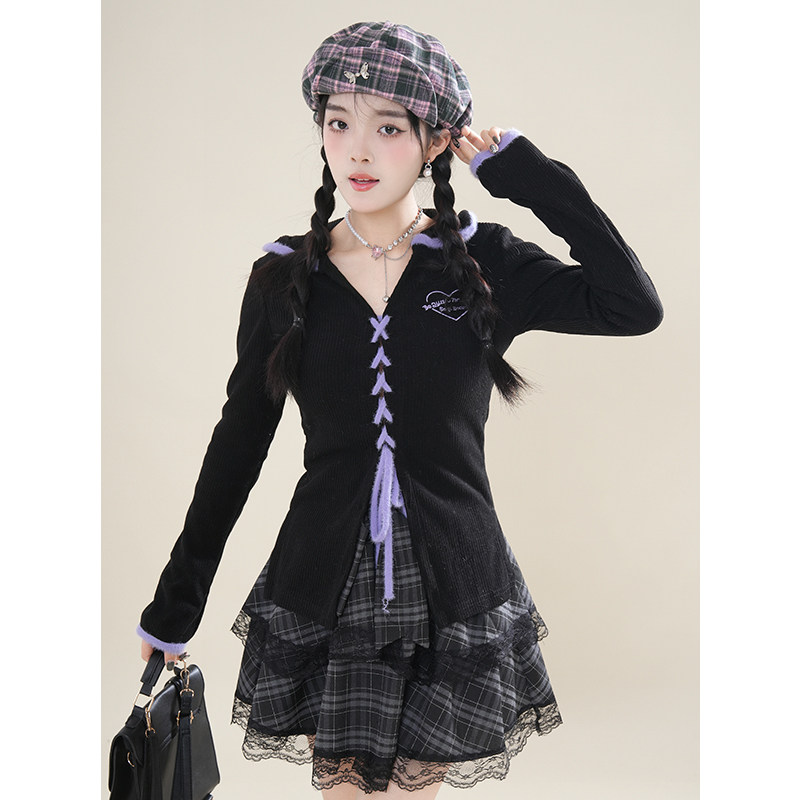 织梦  黑紫甜酷修身针织衫开衫显瘦纯欲百搭半身裙短裙两件套装女