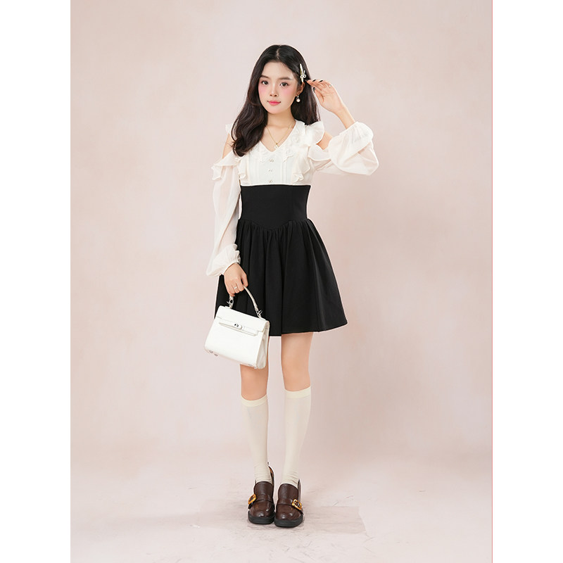 威尔士画报 法式气质温柔掐腰撞色连衣裙设计感超仙收腰显瘦裙子