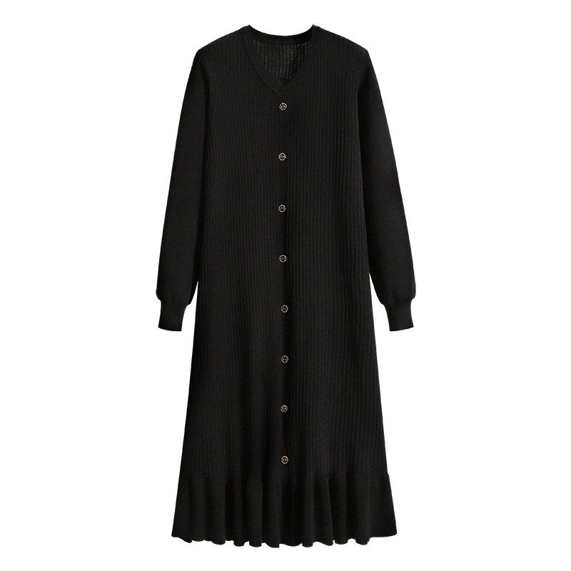 新年红色V领针织连衣裙2026新款冬季大码胖mm法式下摆荷叶边裙子