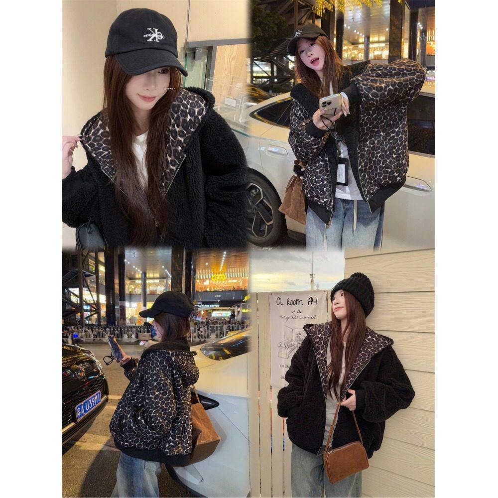 PPHOME黑色豹纹两面穿连帽卫衣外套女冬季加厚宽松慵懒风拉链开衫