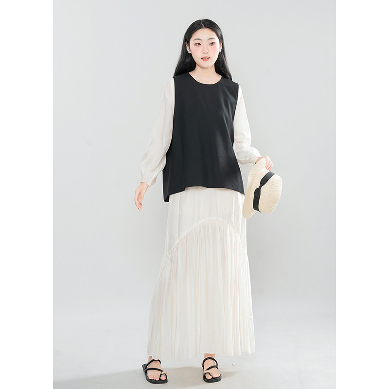 秋季新款设计感小众法式V领宽松长袖连衣裙女开叉西装马甲两件套