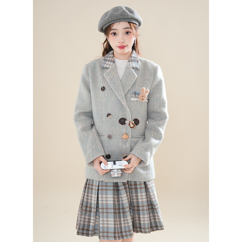 泉野薰冬季新款格纹毛呢西装半身裙套装学院风小众高级感呢子外套