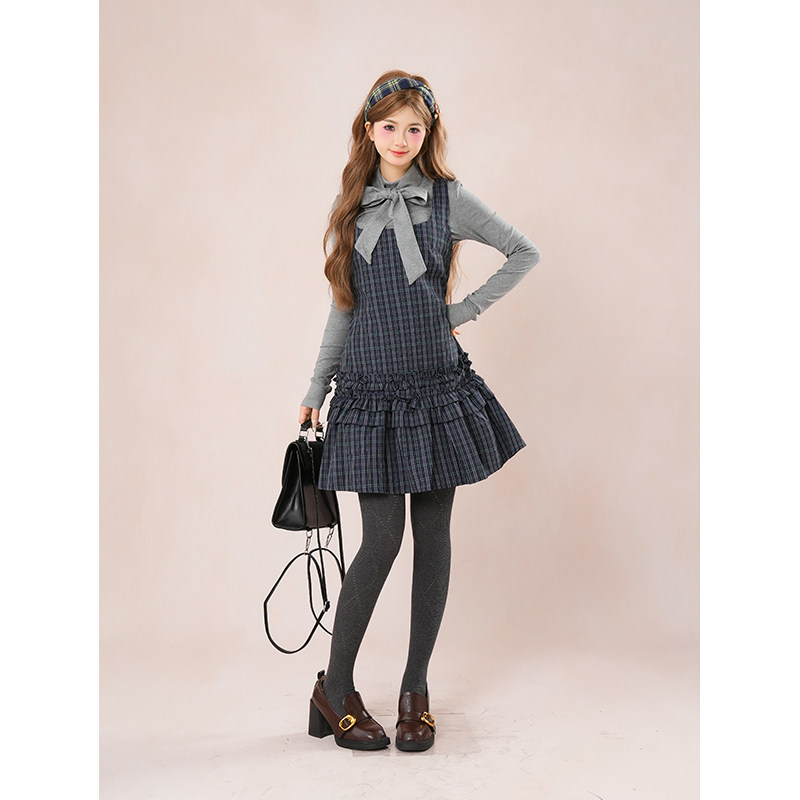 少女心事 秋装新款日系古早vintage设计蝴蝶结上衣格纹连衣裙套装