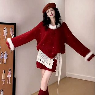 深冬季2026新款超火穿搭配一整套巨好看的韩系红色过年战袍套装女