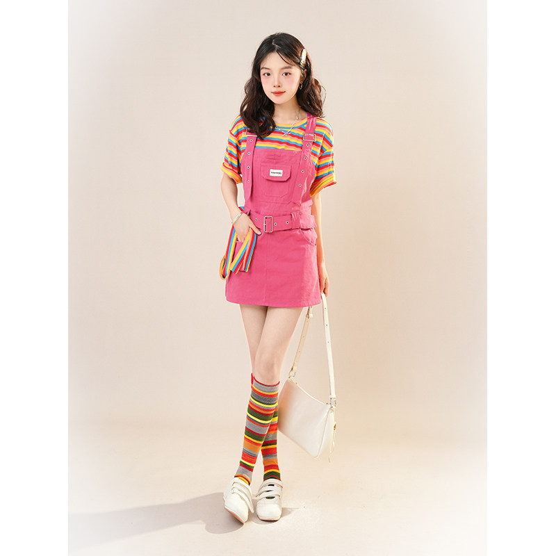 多巴胺甜美套装女2025夏季新款彩虹条纹上衣搭配牛仔背带裙两件套,女装/女士精品,时尚套装,淘宝优惠券,粉丝福利购,淘宝优惠卷