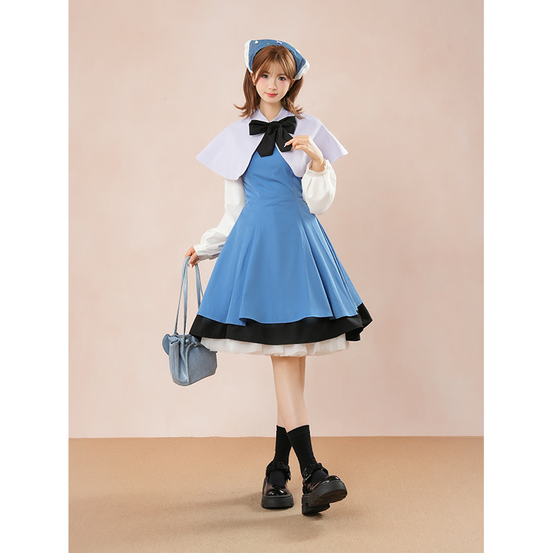 知世 秋季新款日系lolita重工设计感优雅日常披肩+连衣短裙两件套