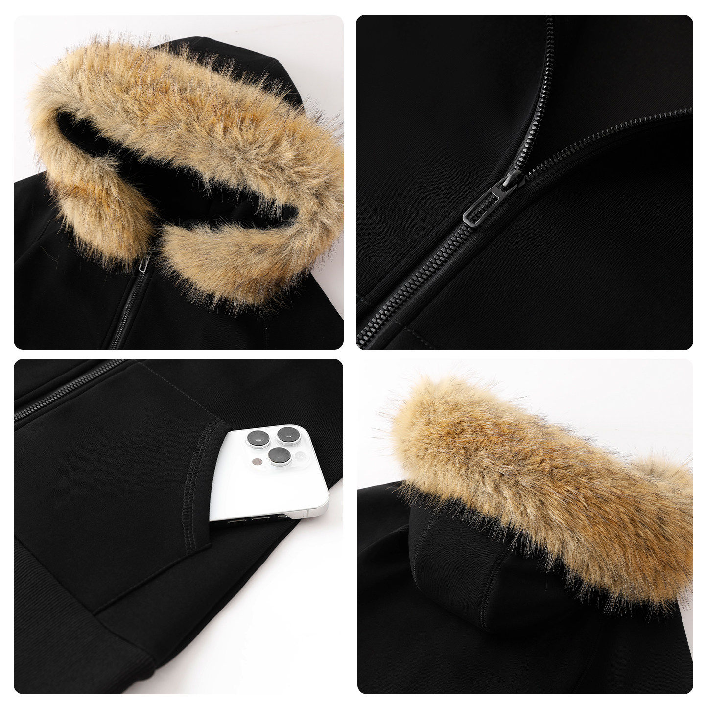 美式黑色毛领连帽卫衣女秋冬季修身收腰韩系加绒加厚短款外套穿搭