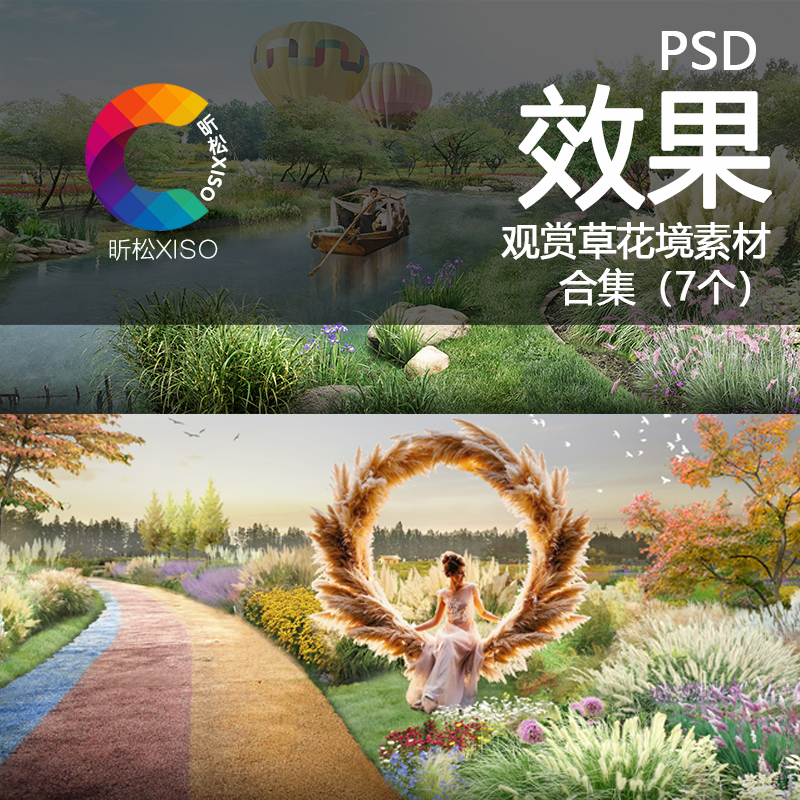 园林景观观赏草花境PSD素材免抠后期狼尾草芒草蒲苇蓝羊茅效果图